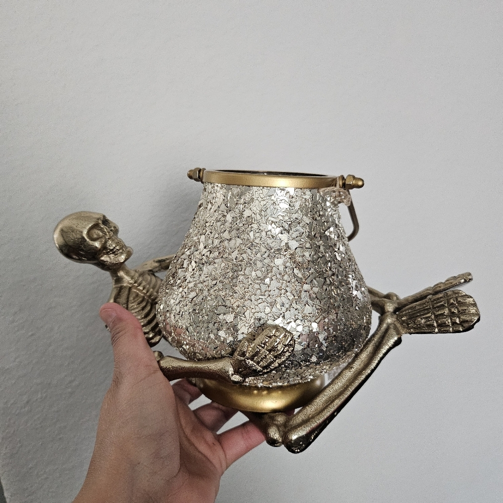 Skeleton Cauldron Votive Holder Gold Goth Halloween Decor Mosaic Glass India